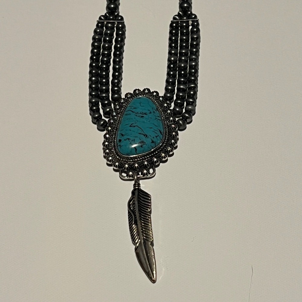 Southwestern Multi Strand Faux Turquoise Feather Pendant Necklace Silver Tone